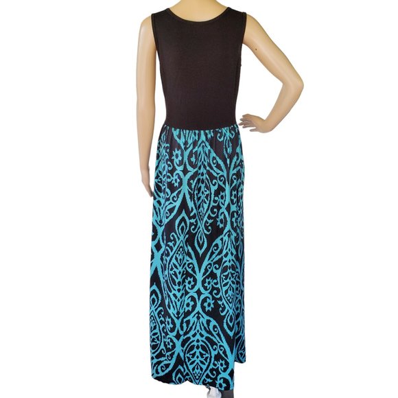 Boho T Shirt Maxi Dress Women's M Teal Black Stretch Knit Pockets Sleeveless - Picture 7 of 12